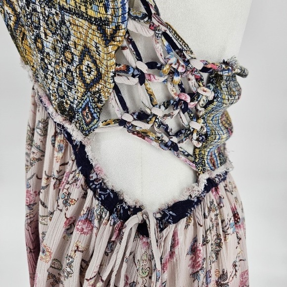 Boho Halter Mini Dress XL Mixed Print Floral Ombre Handkerchief - Picture 5 of 11